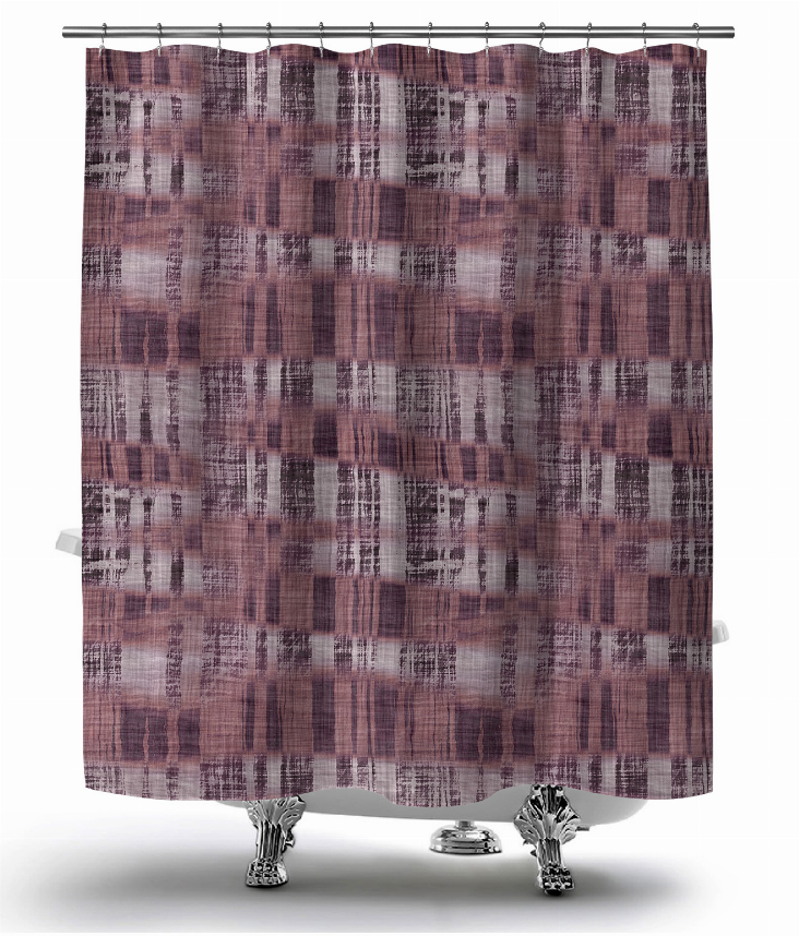 Shower curtain with burgundy and white woven-looking patchwork and metal grommets
