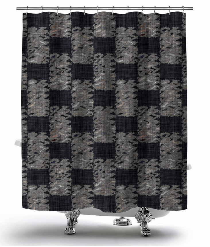 Textured plaid shower curtain in gray and navy with metal grommets at top