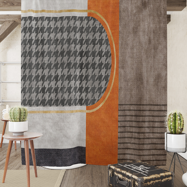 Gray, orange, and beige shower curtain with houndstooth oval and stripe panels