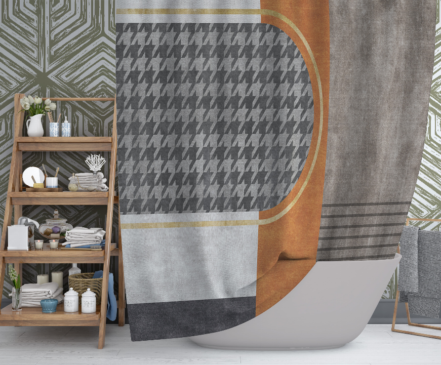 Shower curtain with houndstooth oval, orange border, and gray striped right panel