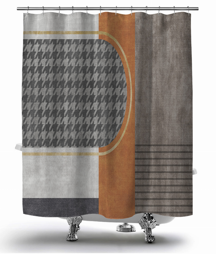 Gray shower curtain with metal grommets, orange panel, and striped side panel