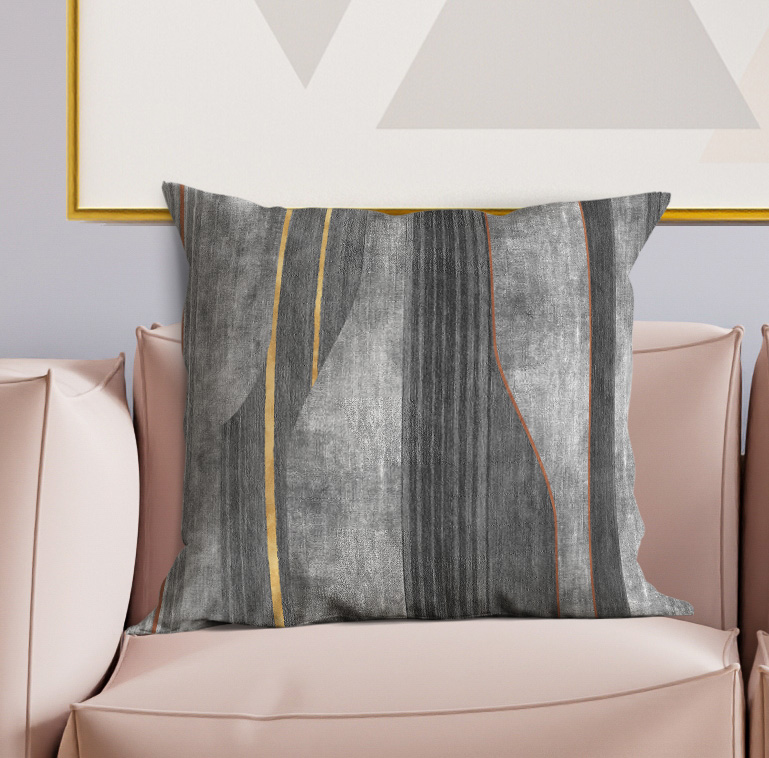 Gray throw pillow with vertical stripes, gold accents and thin red line