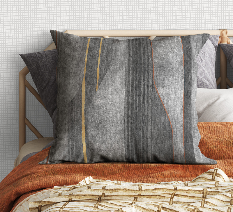 Gray square throw pillow with vertical stripes, gold lines and thin red outline
