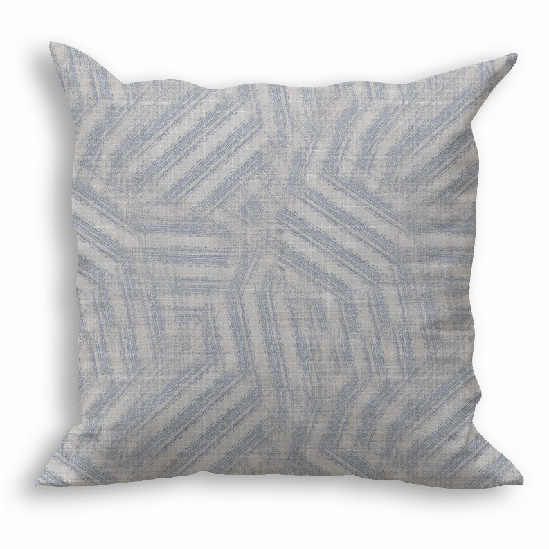 Blue throw pillow with woven look and repeating geometric stripe pattern