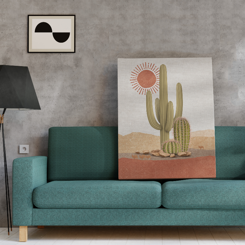 Cactus desert wall art print with tall green cacti, sunburst circle, and sandy landscape