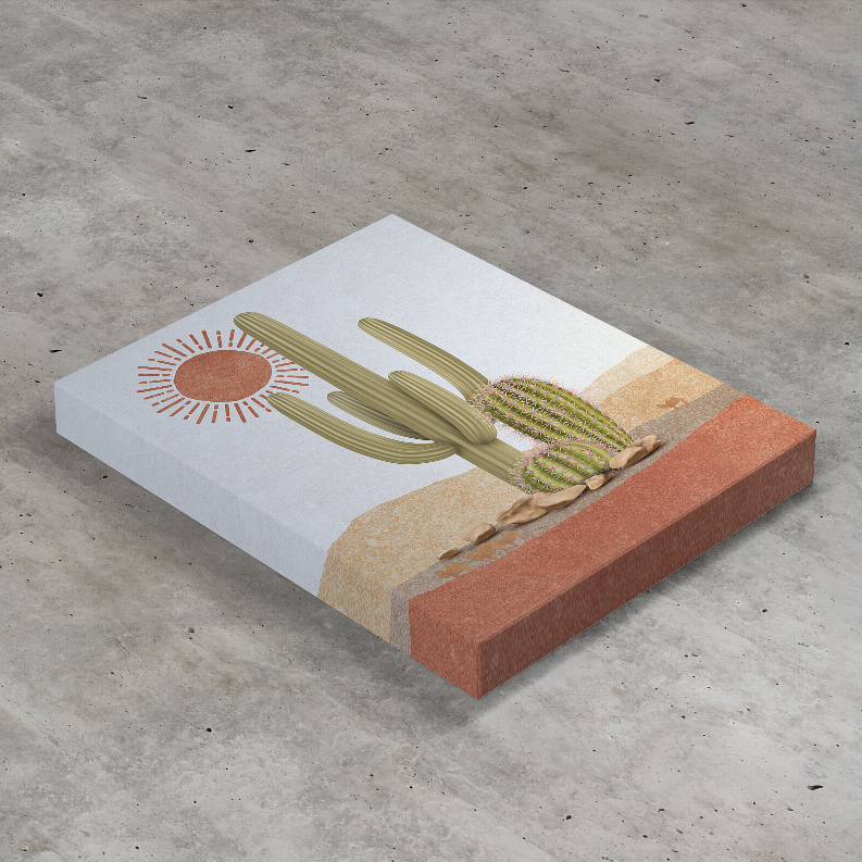 Cactus desert art print laid on concrete, showing green cacti and orange sunburst