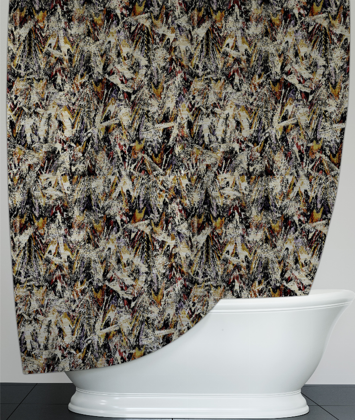 Multi-pattern shower curtain with dense arrow motifs and curved lower drape