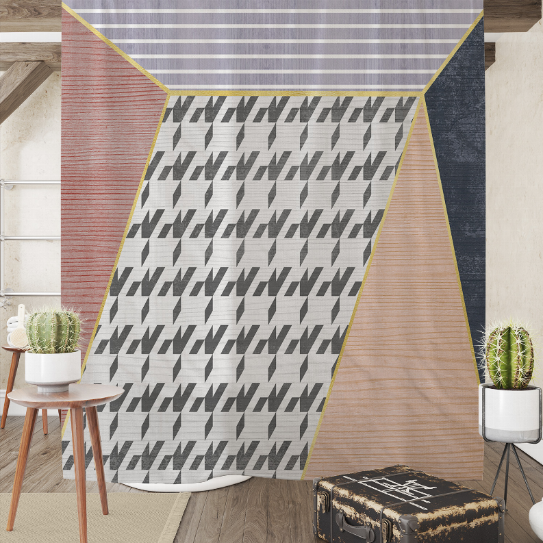 Multi-color geometric shower curtain with houndstooth center and striped side panels