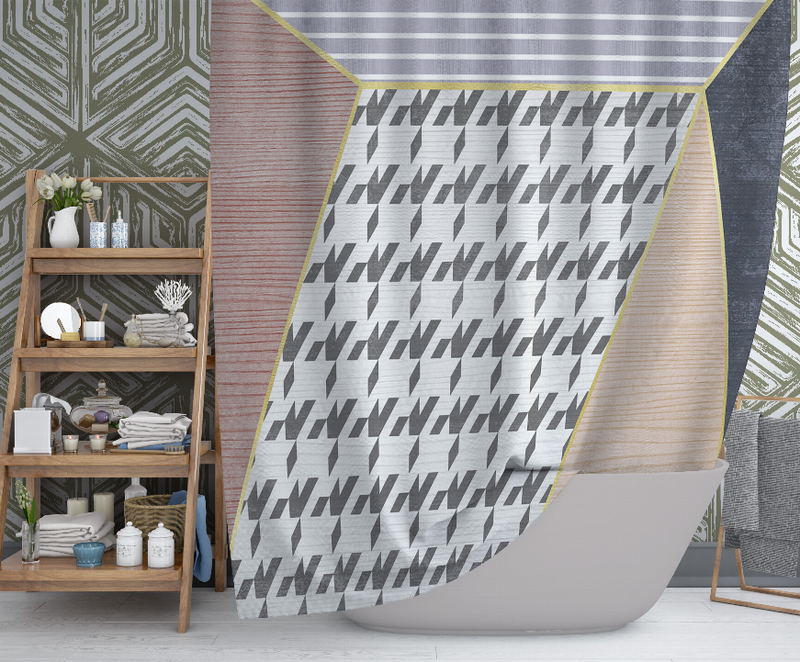 Multi-color shower curtain with houndstooth center and curved striped edge detail
