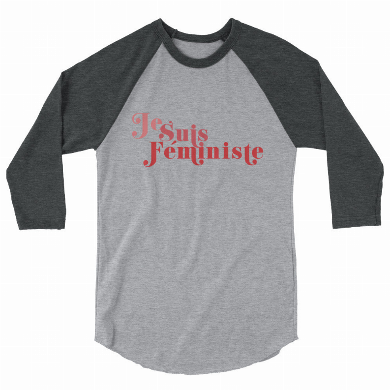 Ringer baseball T-shirt with 'Je Suis Feministe' graphic, dark gray sleeves