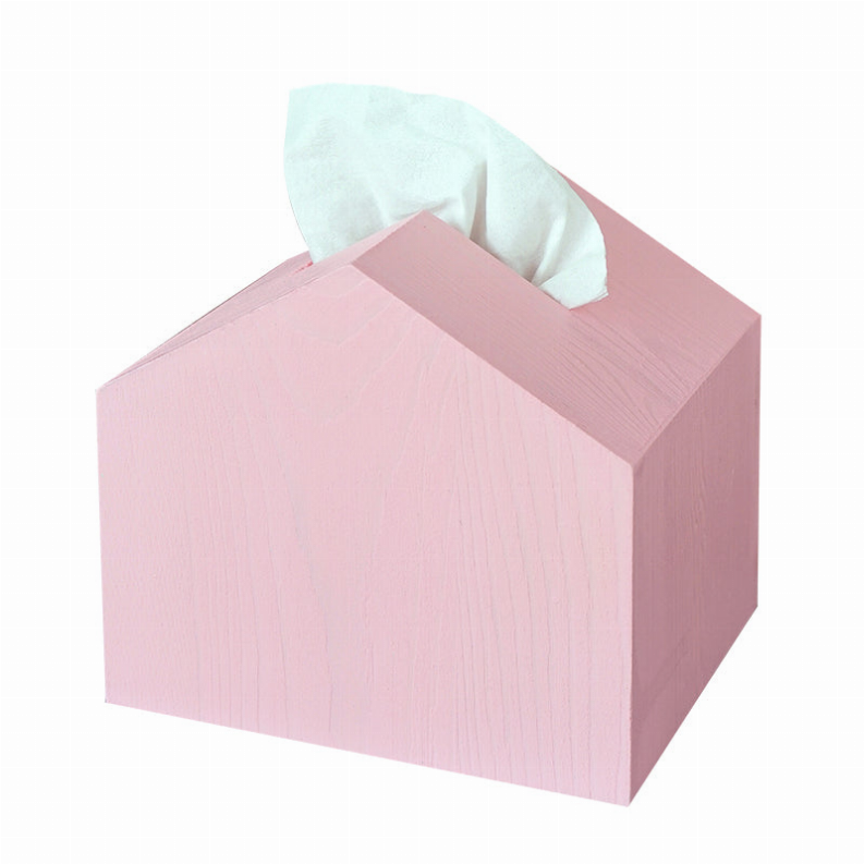 House-shaped pink tissue box cover with tissue protruding from top opening