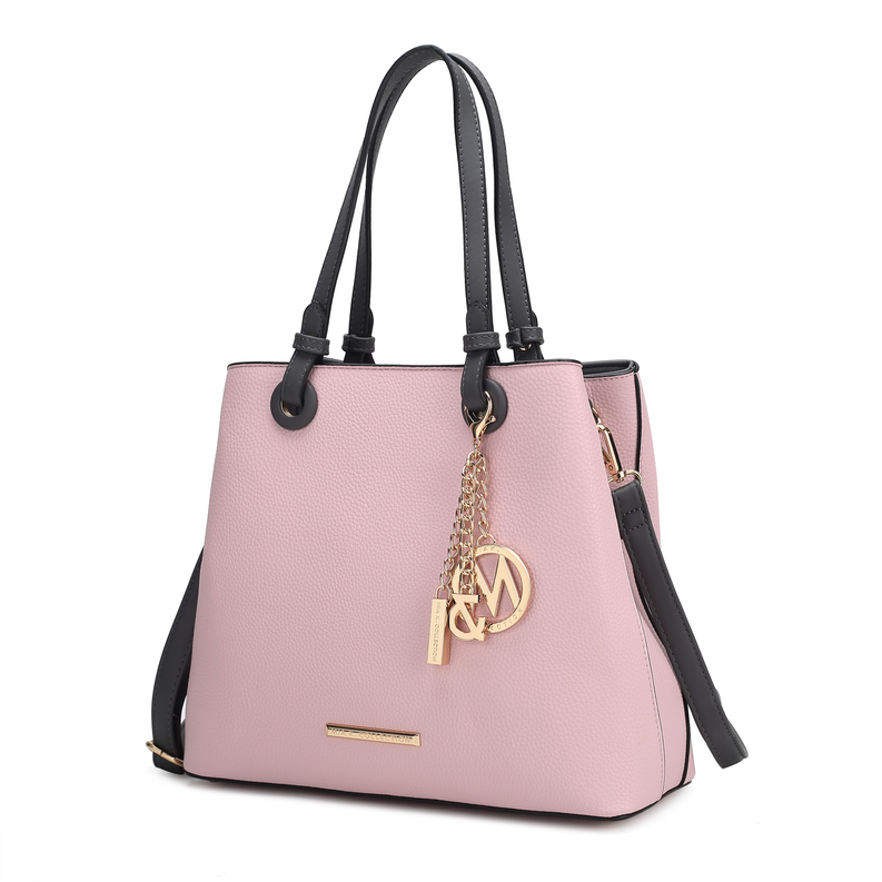 Pink leather-look tote bag with black handles and front gold charm