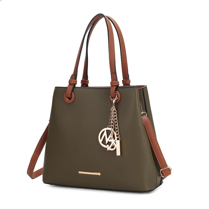 Olive leather-look tote bag with top handles, shoulder strap, and chain key charm