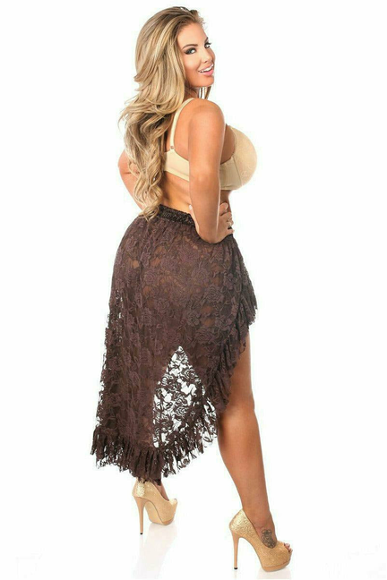 Dark brown lace high-low skirt with asymmetrical hem and scalloped fringe