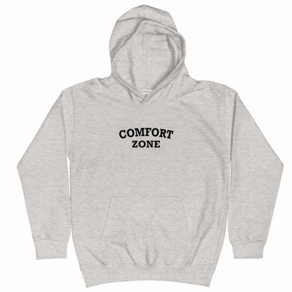 Kids gray pullover hoodie with hood, kangaroo pocket, and COMFORT ZONE chest print