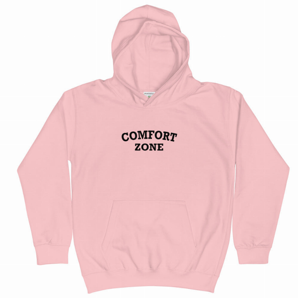 Pink kids hoodie with hood, kangaroo pocket, and COMFORT ZONE logo
