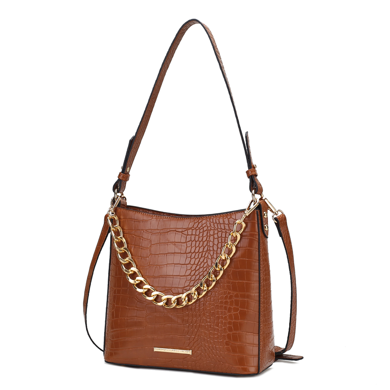 Cognac croc-embossed shoulder bag with gold-tone chain strap and buckle detail