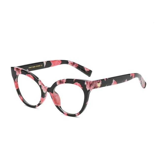 Pink-and-black floral round optical glasses with thick acetate frames