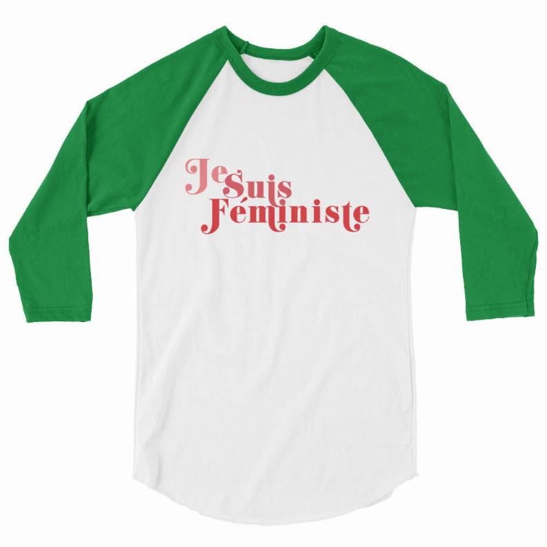White ringer T-shirt with green sleeves and red 'Je Suis Feministe' front graphic