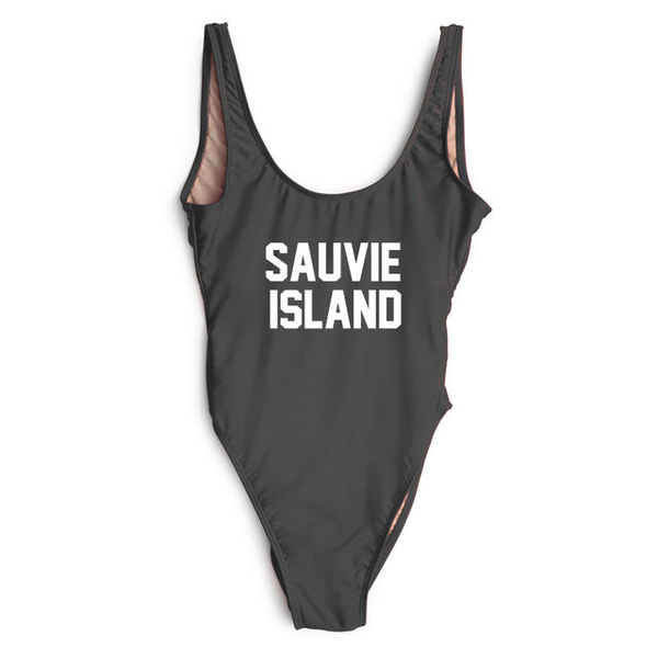 Black one-piece swimsuit with scoop neckline and thin straps, SAUVIE ISLAND logo at chest