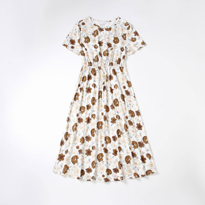 Mom and mini matching dress in white with brown floral print, short sleeves, gathered waist