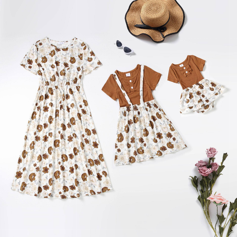 Matching mom and mini dresses set: white floral print dress and brown dress, short sleeves