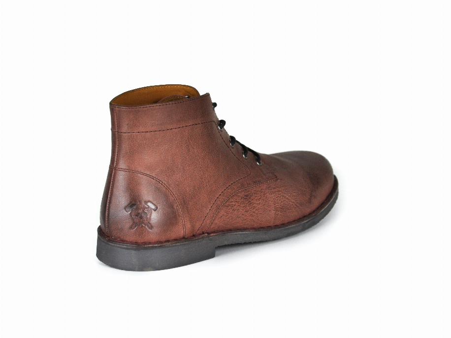 Oxblood leather lace-up ankle boot with embossed logo, rear side view, rubber sole