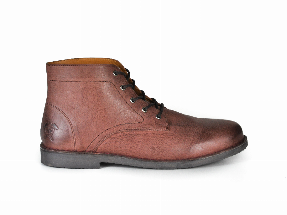 Oxblood leather lace-up ankle boot with round toe and dark rubber sole