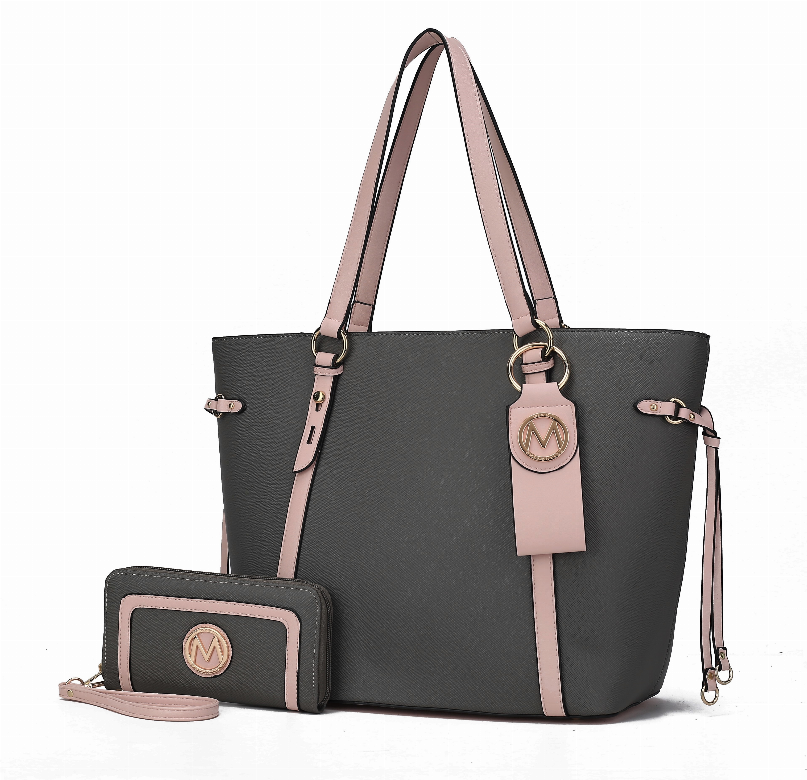 Black tote bag with blush pink handles, wallet and detachable key-ring set