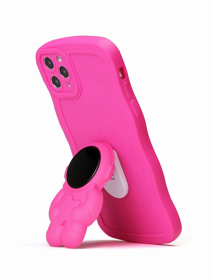 Pink silicone iPhone case with astronaut grip and camera cutouts