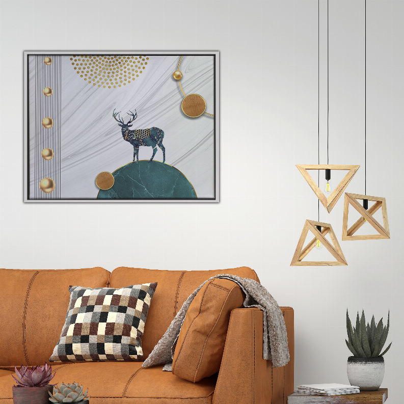 Framed deer art print with teal hill and gold circular accents on gray backdrop