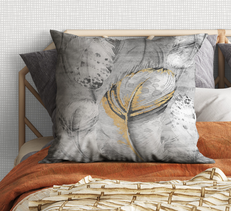 Grey abstract feather throw pillow with yellow outline on front