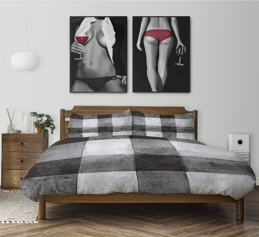 Grey and white check comforter set on bed with matching pillowcases