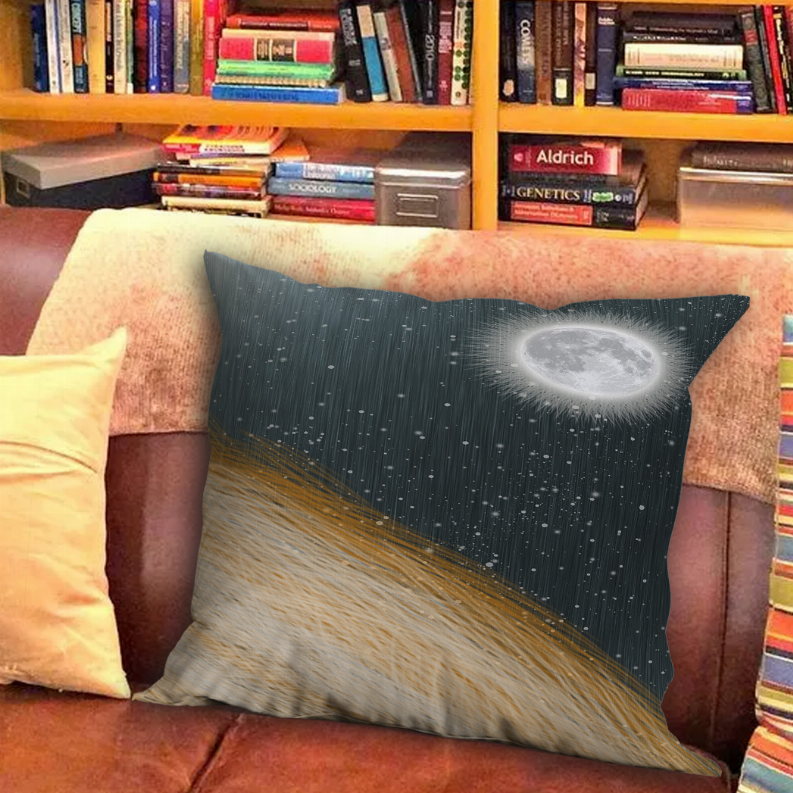 Teal and gold moon graphic throw pillow with diagonal light stripe