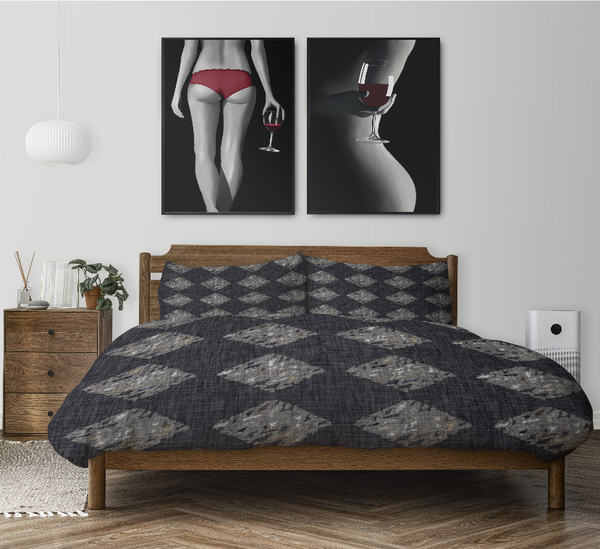 Comforter set, dark gray quilt with light gray diamond pattern and 2 pillow shams