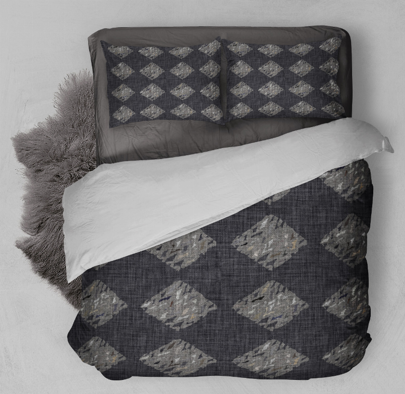 Comforter set quilt and pillow shams, dark gray with repeating light gray diamond pattern