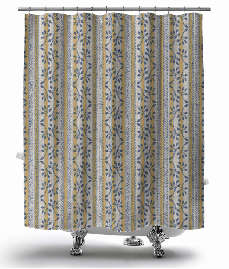 Floral stripe shower curtain with blue and yellow leaf pattern and top grommet rings