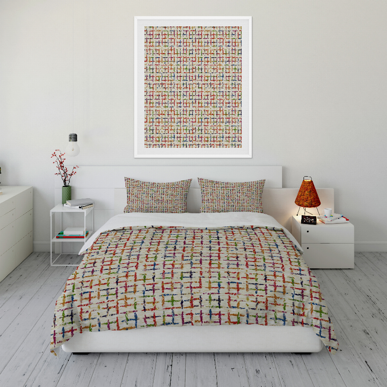 Multicolor duvet cover set with check-and-line pattern, paired with two shams