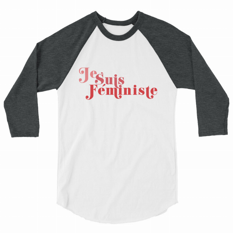 Ringer T-shirt with dark gray raglan sleeves, white body, red 'Je Suis Feministe' front print