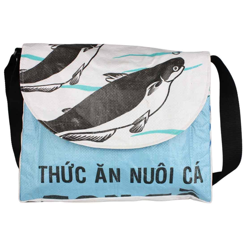 Messenger bag, light blue with black/white bird print and front text, adjustable shoulder strap
