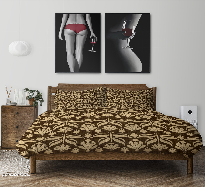 Brown damask duvet cover set on bed with two matching patterned pillow shams
