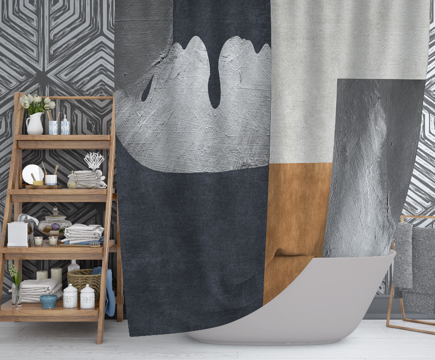 Multi-color shower curtain with abstract gray, black, and beige blocks and curved bottom