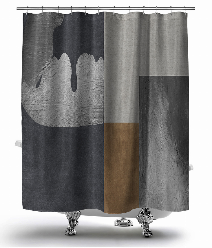 Gray and black abstract shower curtain with beige panel, grommet hooks, straight hem