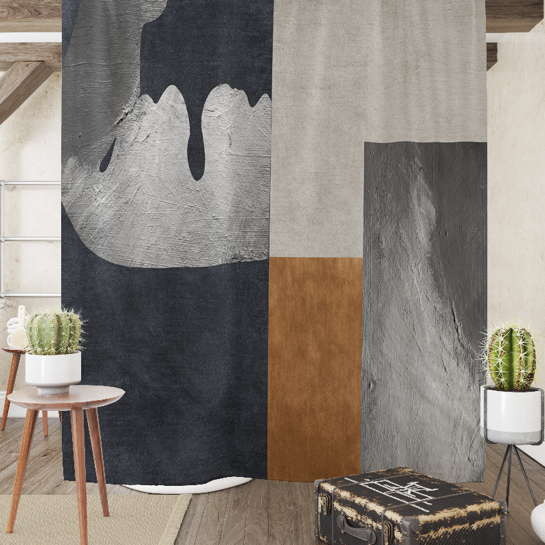 Multi-panel shower curtain in gray, dark blue, and beige with textured abstract shapes