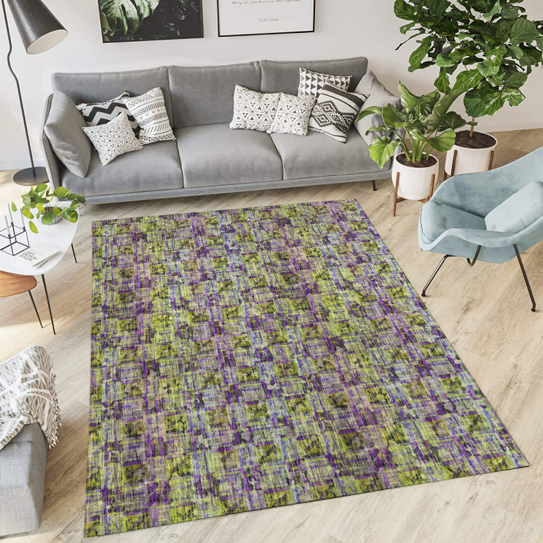 Multicolor low-pile rectangular carpet rug with purple, yellow, and green abstract print