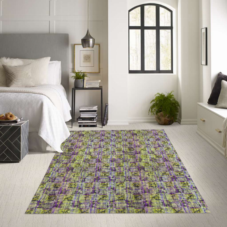 Multicolor low-pile rectangular carpet rug with vivid abstract grid pattern