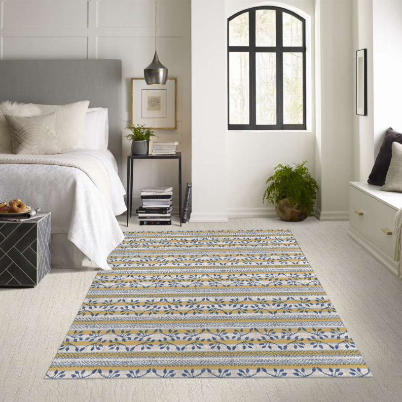 Low pile rug with blue-and-white striped pattern