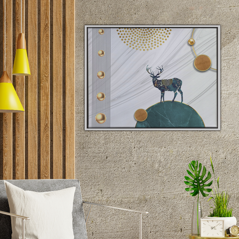Framed art print with blue deer on teal hill, gold circles, and diagonal gray lines