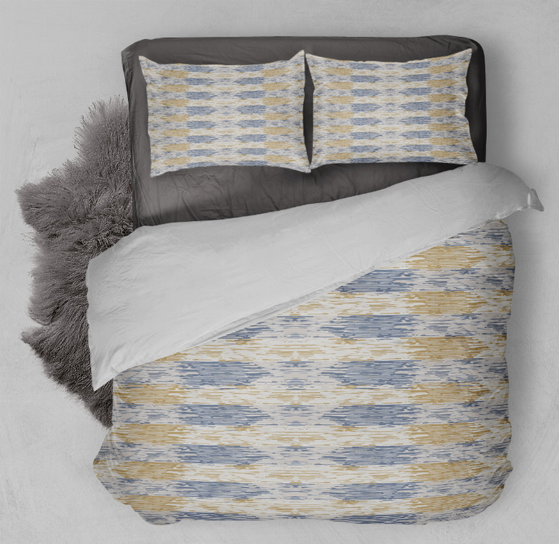 Comforter set with blue-and-yellow abstract print, two pillow shams and comforter