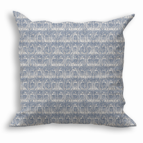 Blue patterned throw pillow with textured geometric motif, square shape and piped edges